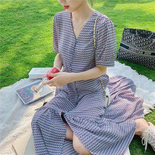 Patterned Short-sleeve Chiffon Midi A-line Dress