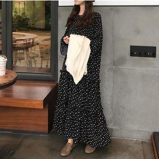 Dotted Long-sleeve Midi Chiffon Dress / V-neck Knit Vest