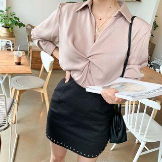 Open-placket Twist-front Velvet Blouse
