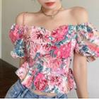 Short-sleeve Floral Top Floral - Pink & Blue - One Size