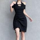 Short-sleeve Halter Neck Asymmetrical Sheath Dress
