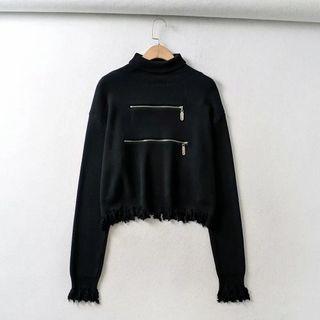 Zip Detail Distressed Sweater Black - One Size