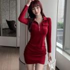 Long-sleeve Polo Zip Plain Dress