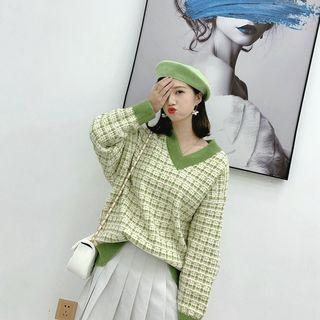 Contrast-trim Tweed Sweater