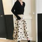 V-neck Cardigan / Polka Dot A-line Midi Skirt