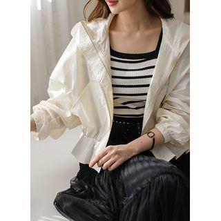 Hooded Shirred Ruffle-hem Zip-up Jacket