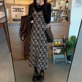 Long-sleeve Top / Spaghetti Strap Floral Print Dress