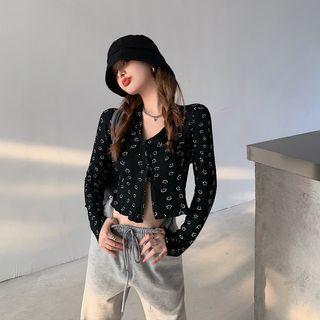 Printed Long-sleeve Top / High Waist Plain Straight-cut Pants