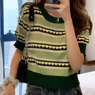 Short-sleeve Heart Print Knit Crop Top Avocado Green - One Size