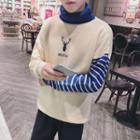 Stripe-panel Deer Embroidered Knit Sweater