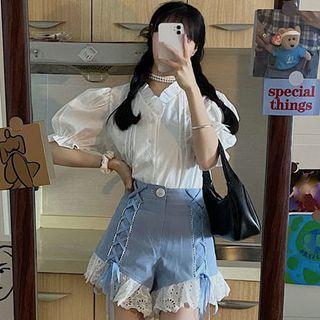 Puff-sleeve Blouse / Denim Shorts