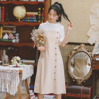Set: Sleeveless A-line Dress + Frill Trim Elbow-sleeve Blouse