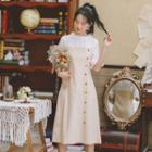 Set: Sleeveless A-line Dress + Frill Trim Elbow-sleeve Blouse