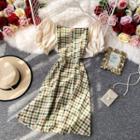 Puff-sleeve Square-neck Gingham Dress