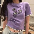 Strawberry Printed Frill Trim T-shirt As Shown In Figure - One Size
