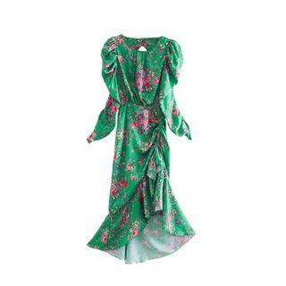 Puff-sleeve Floral Print Ruffle Hem Maxi A-line Dress