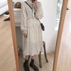 Dotted Long-sleeve Midi Shift Dress Almond - One Size