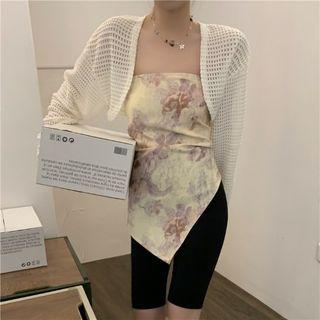 Long-sleeve Pointelle Cardigan / Asymmetrical Flower Printed Strapless Top