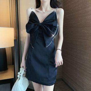 Rhinestone Spaghetti Strap Ribbon Mini Dress