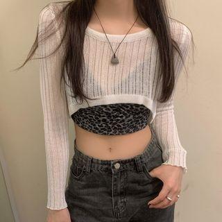 Leopard Print Camisole Top / Long-sleeve Knit Crop Top