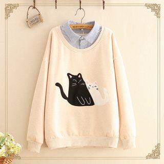 Cat Patch Mock Two-piece Fleece-lining Sweatshirt