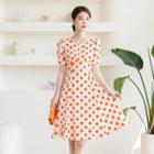 Faux-pearl Button Dotted Midi Dress