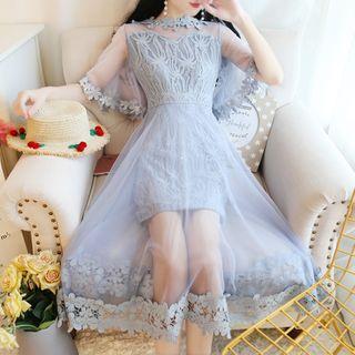 Elbow-sleeve Mesh Overlay Midi A-line Lace Dress