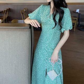Puff-sleeve Floral Print Buttoned A-line Midi Dress