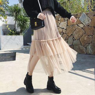 High-waist Mesh Panel Pleated Skirt