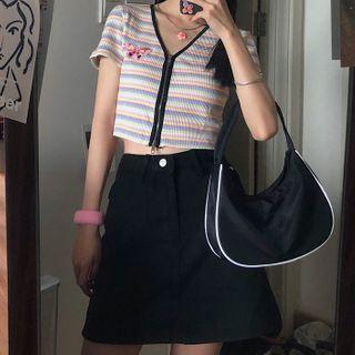 Short-sleeve Butterfly Embroidered Striped T-shirt / A-line Denim Skirt