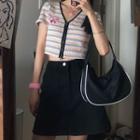Short-sleeve Butterfly Embroidered Striped T-shirt / A-line Denim Skirt