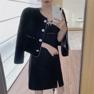 Contrast Trim Button Jacket / Spaghetti Strap Bow Detail Sheath Dress