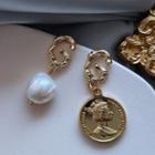 Sterling Silver Asymmetrical Faux Pearl Earring 1 Pair - 696 - White & Gold - One Size