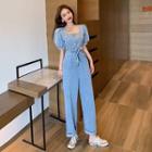 Puff-sleeve Square-neck Denim Jumpsuit