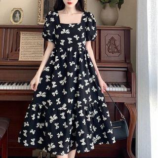 Short-sleeve Square Neck Bow Print Midi A-line Dress