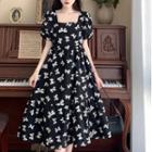 Short-sleeve Square Neck Bow Print Midi A-line Dress