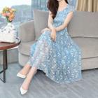 Short-sleeve Floral Print Midi A-line Chiffon Dress