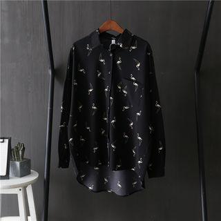 Long-sleeve Flamingo Print Chiffon Blouse Black - One Size