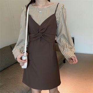 Plaid Blouse / Strappy A-line Dress