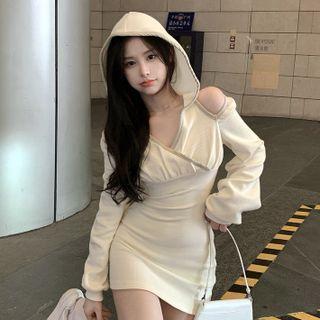 Long Sleeve Contrast Trim Cutout Hooded Dress White - One Size