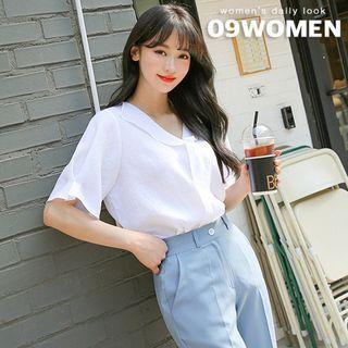 Plus Size Fold-collar Puff-sleeve Blouse