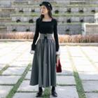 Set: Square-neck Knit Top + Lace-up A-line Maxi Skirt
