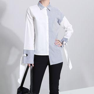 Asymmetrical Striped Panel Long-sleeve Shirt Blue - One Size