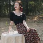 Set: Short-sleeve Knit Top + Floral Print Midi A-line Skirt