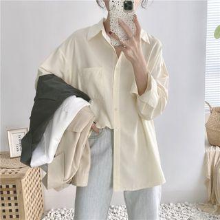 Plain Lapel Long-sleeve Loose-fit Shirt