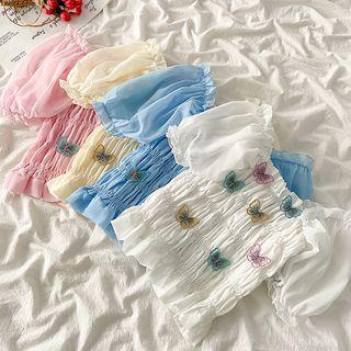 Short-sleeve Off-shoulder Butterfly Embroidered Blouse