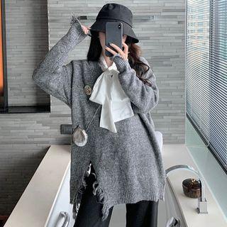 Long-sleeve Embroidered Frayed Knit Top / Tie Neck Plain Blouse