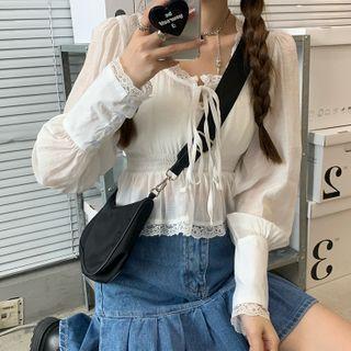 Long-sleeve Lace Trim Blouse / Mini Mermaid Denim Skirt