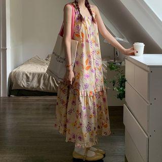 Sleeveless Floral A-line Midi Dress Purple Floral - Beige - One Size