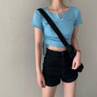 Short-sleeve Cropped Placket Top Blue - One Size